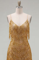 Load image into Gallery viewer, Golden Sparkly Tight Short Prom Dress with Fringes