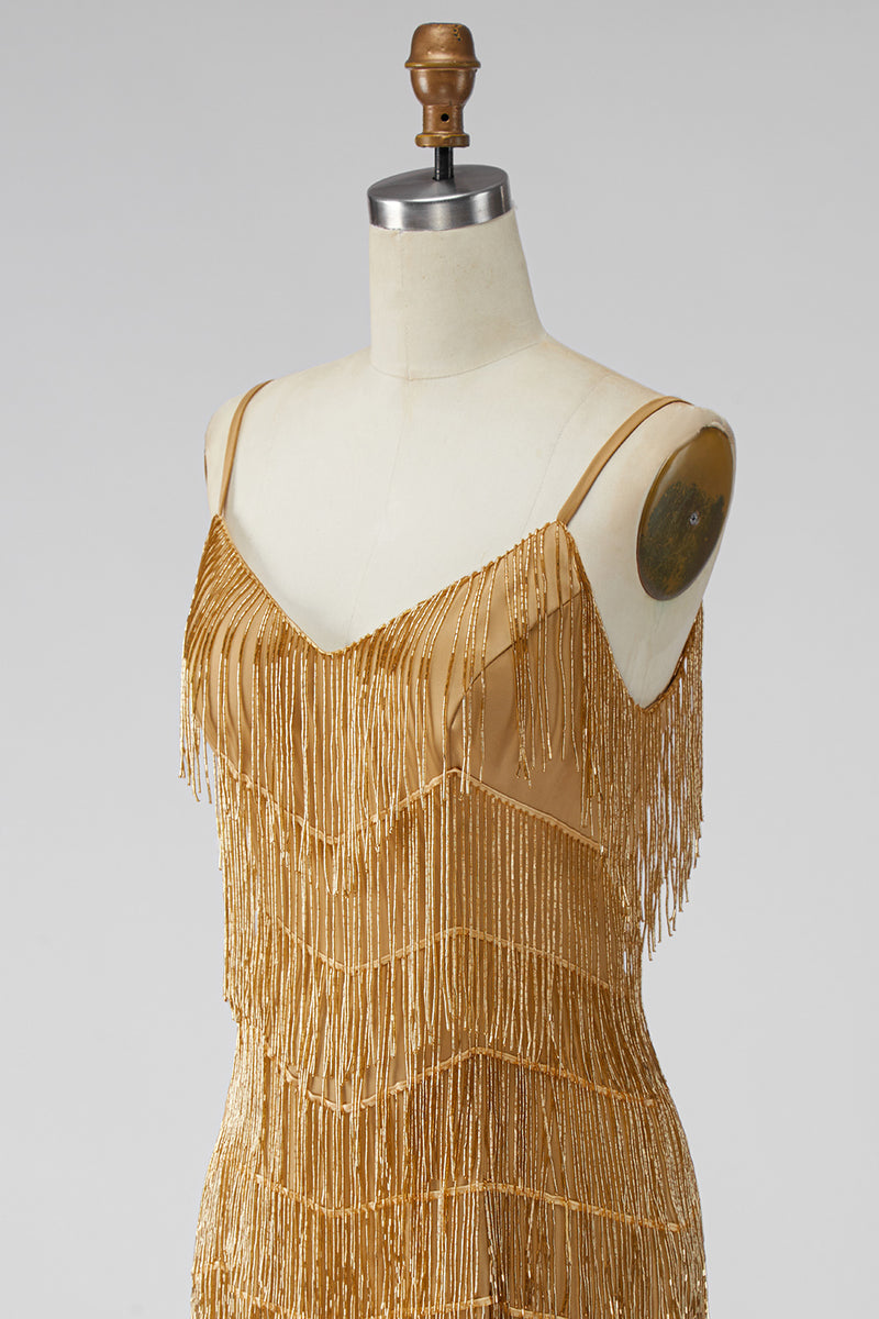 Load image into Gallery viewer, Golden Sparkly Tight Short Prom Dress with Fringes
