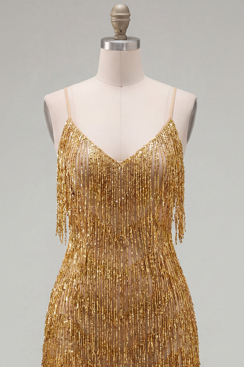 Load image into Gallery viewer, Golden Sparkly Tight Short Prom Dress with Fringes