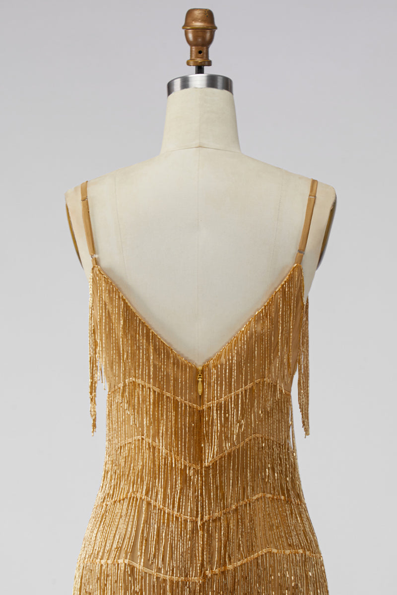 Load image into Gallery viewer, Golden Sparkly Tight Short Prom Dress with Fringes