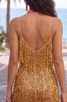 Load image into Gallery viewer, Golden Sparkly Tight Short Prom Dress with Fringes