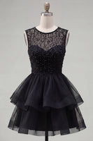 Load image into Gallery viewer, Sparkly White A-Line Beaded Illusion Neck Tiered Short Cocktail Dress
