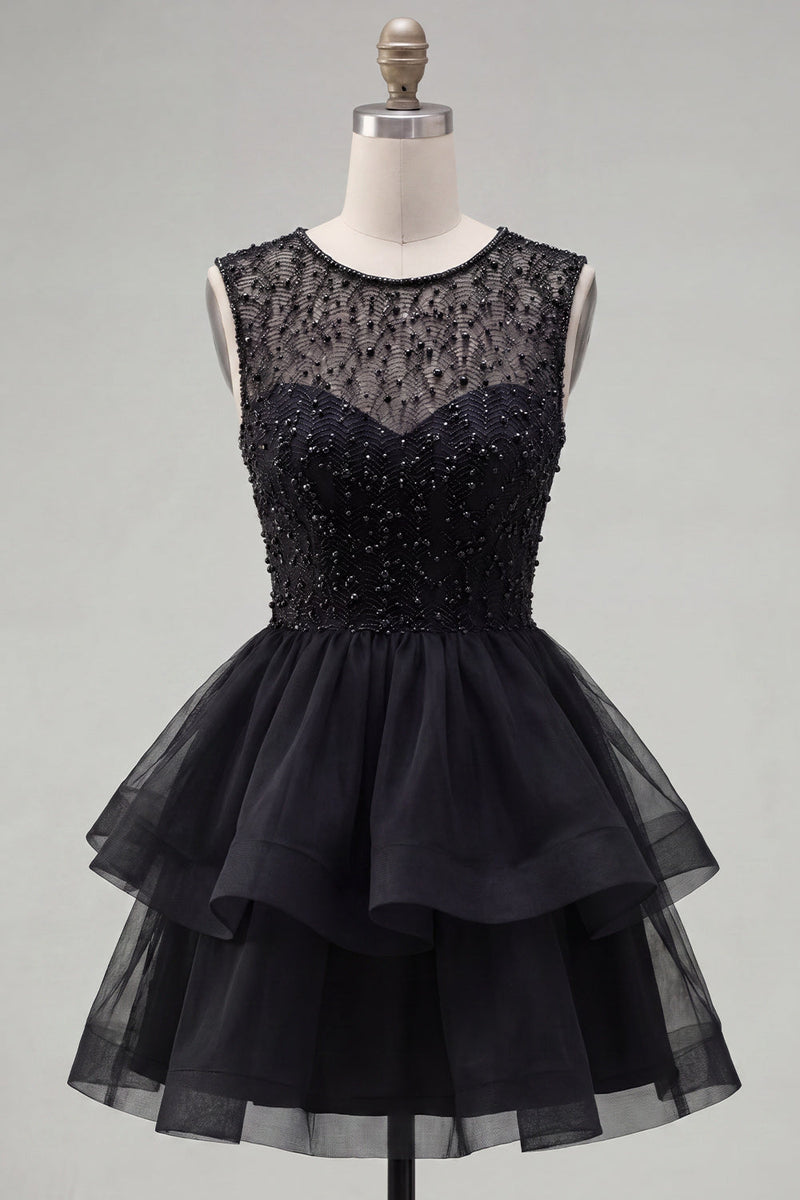 Load image into Gallery viewer, Sparkly White A-Line Beaded Illusion Neck Tiered Short Cocktail Dress