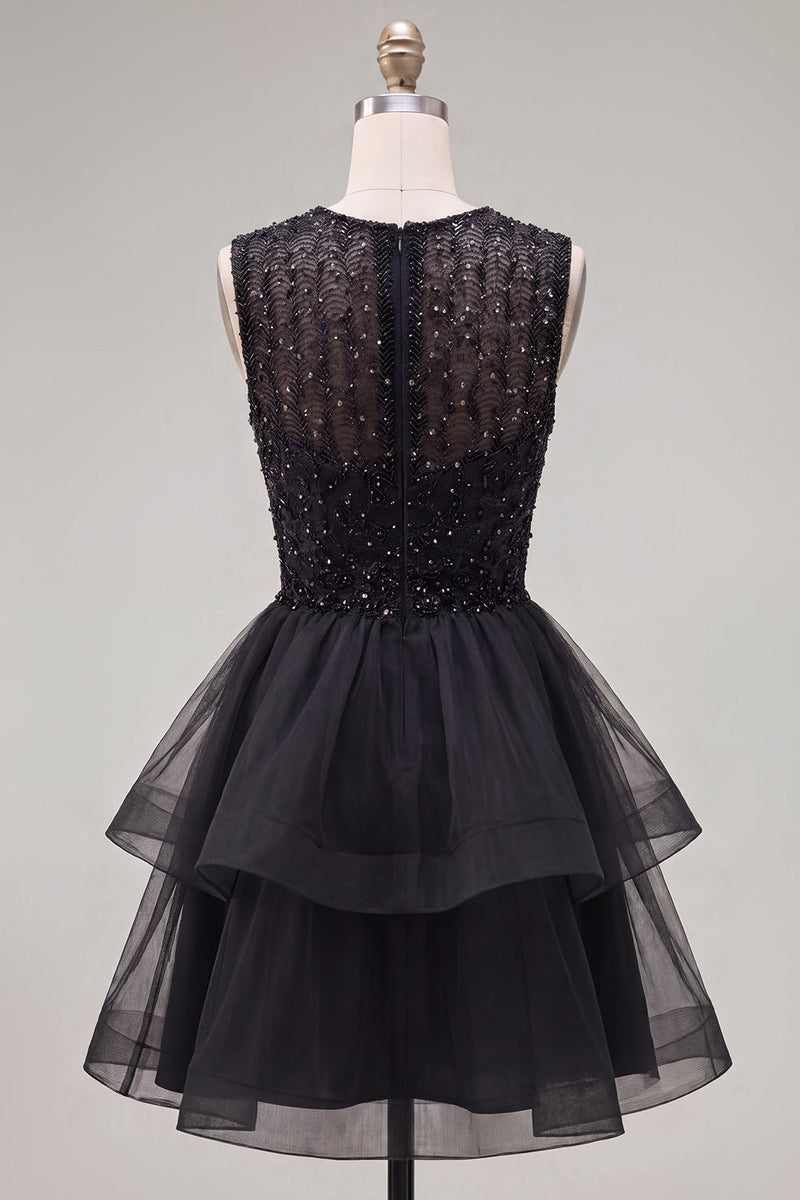 Load image into Gallery viewer, Sparkly White A-Line Beaded Illusion Neck Tiered Short Cocktail Dress