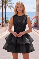 Load image into Gallery viewer, Sparkly White A-Line Beaded Illusion Neck Tiered Short Cocktail Dress