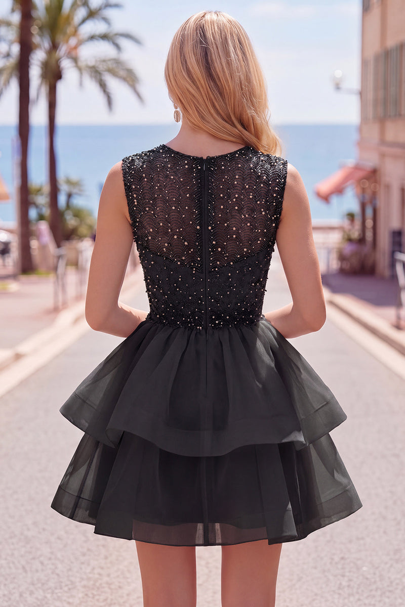 Load image into Gallery viewer, Sparkly White A-Line Beaded Illusion Neck Tiered Short Cocktail Dress