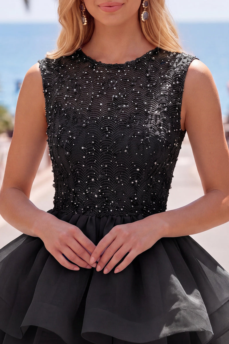 Load image into Gallery viewer, Sparkly White A-Line Beaded Illusion Neck Tiered Short Cocktail Dress