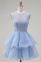 Load image into Gallery viewer, Sparkly White A-Line Beaded Illusion Neck Tiered Short Cocktail Dress