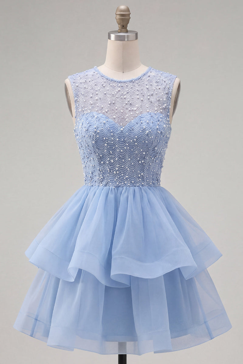 Load image into Gallery viewer, Sparkly White A-Line Beaded Illusion Neck Tiered Short Cocktail Dress