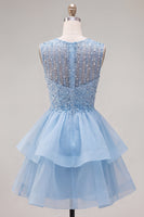 Load image into Gallery viewer, Sparkly White A-Line Beaded Illusion Neck Tiered Short Cocktail Dress