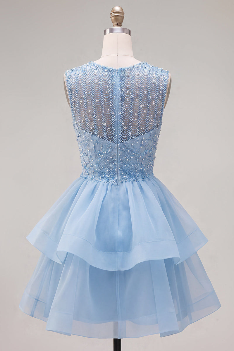 Load image into Gallery viewer, Sparkly White A-Line Beaded Illusion Neck Tiered Short Cocktail Dress