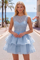 Load image into Gallery viewer, Sparkly White A-Line Beaded Illusion Neck Tiered Short Cocktail Dress