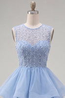 Load image into Gallery viewer, Sparkly White A-Line Beaded Illusion Neck Tiered Short Cocktail Dress