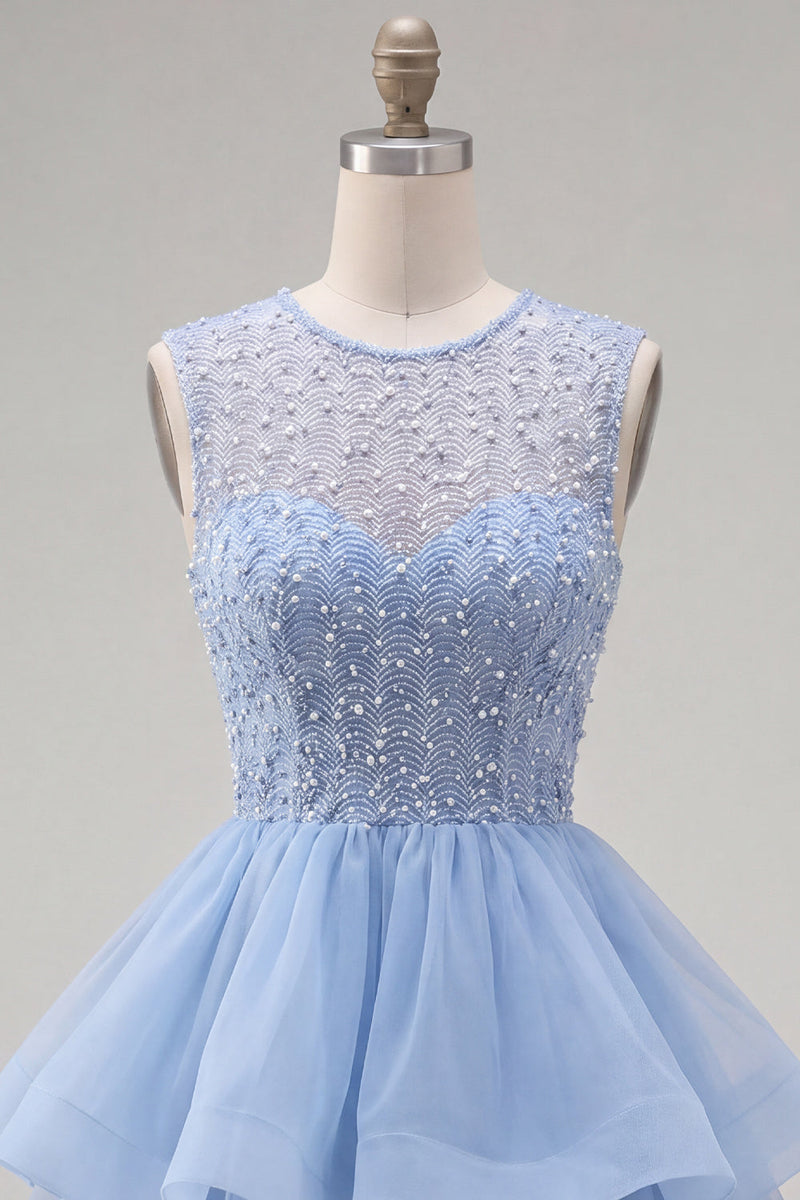 Load image into Gallery viewer, Sparkly White A-Line Beaded Illusion Neck Tiered Short Cocktail Dress
