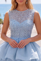 Load image into Gallery viewer, Sparkly White A-Line Beaded Illusion Neck Tiered Short Cocktail Dress