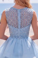 Load image into Gallery viewer, Sparkly White A-Line Beaded Illusion Neck Tiered Short Cocktail Dress
