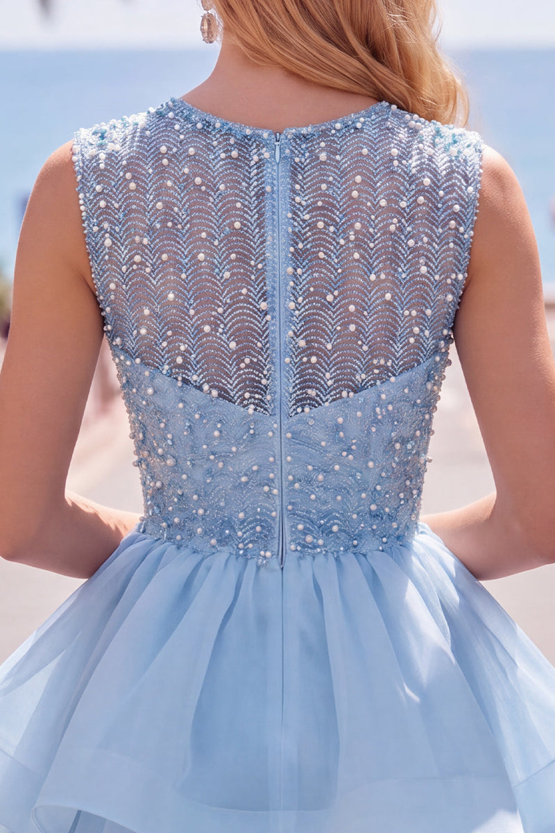 Load image into Gallery viewer, Sparkly White A-Line Beaded Illusion Neck Tiered Short Cocktail Dress