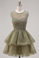 Load image into Gallery viewer, Sparkly White A-Line Beaded Illusion Neck Tiered Short Cocktail Dress