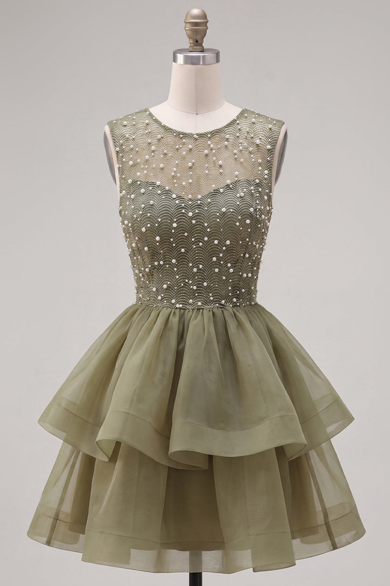Load image into Gallery viewer, Sparkly White A-Line Beaded Illusion Neck Tiered Short Cocktail Dress