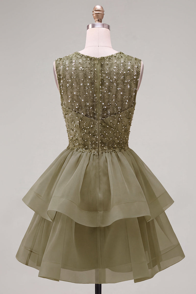 Load image into Gallery viewer, Sparkly White A-Line Beaded Illusion Neck Tiered Short Cocktail Dress
