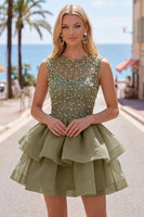 Load image into Gallery viewer, Sparkly White A-Line Beaded Illusion Neck Tiered Short Cocktail Dress