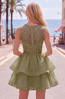 Load image into Gallery viewer, Sparkly White A-Line Beaded Illusion Neck Tiered Short Cocktail Dress
