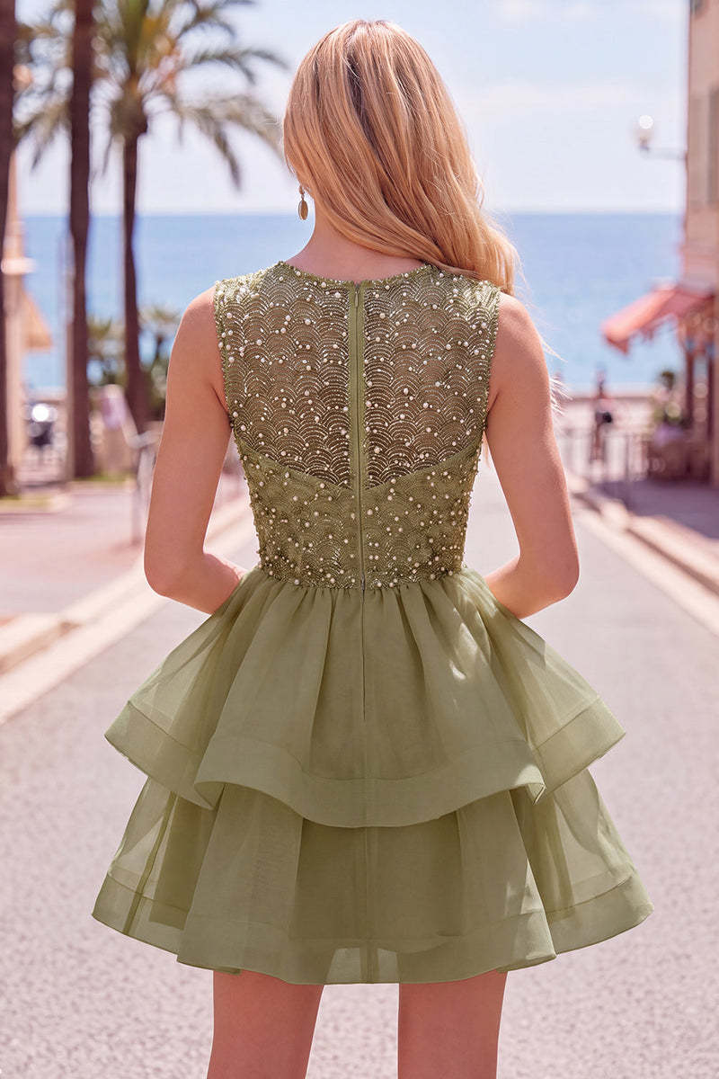 Load image into Gallery viewer, Sparkly White A-Line Beaded Illusion Neck Tiered Short Cocktail Dress