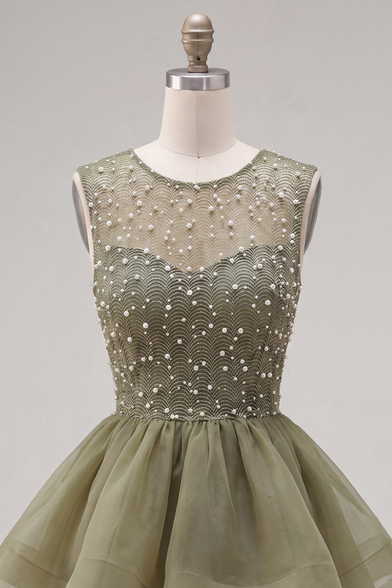 Load image into Gallery viewer, Sparkly White A-Line Beaded Illusion Neck Tiered Short Cocktail Dress