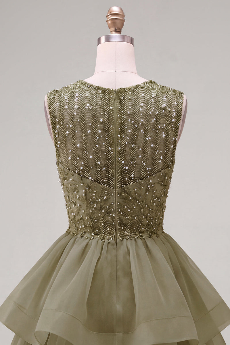 Load image into Gallery viewer, Sparkly White A-Line Beaded Illusion Neck Tiered Short Cocktail Dress