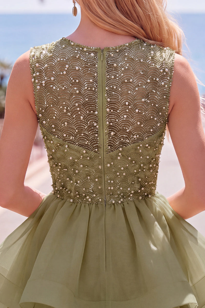 Load image into Gallery viewer, Sparkly White A-Line Beaded Illusion Neck Tiered Short Cocktail Dress