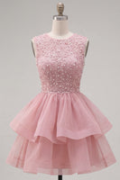 Load image into Gallery viewer, Sparkly White A-Line Beaded Illusion Neck Tiered Short Cocktail Dress