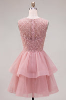 Load image into Gallery viewer, Sparkly White A-Line Beaded Illusion Neck Tiered Short Cocktail Dress