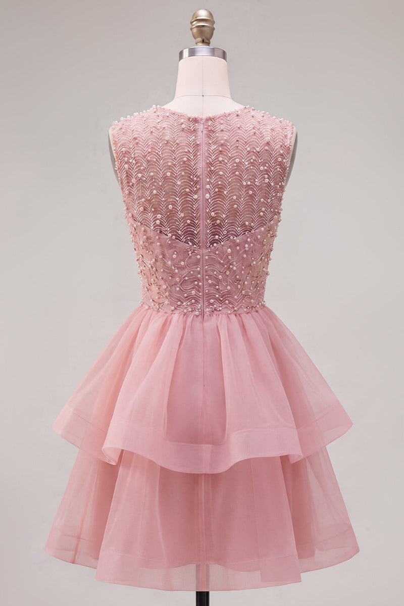 Load image into Gallery viewer, Sparkly White A-Line Beaded Illusion Neck Tiered Short Cocktail Dress