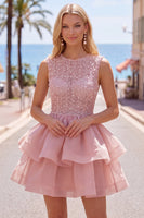 Load image into Gallery viewer, Sparkly White A-Line Beaded Illusion Neck Tiered Short Cocktail Dress