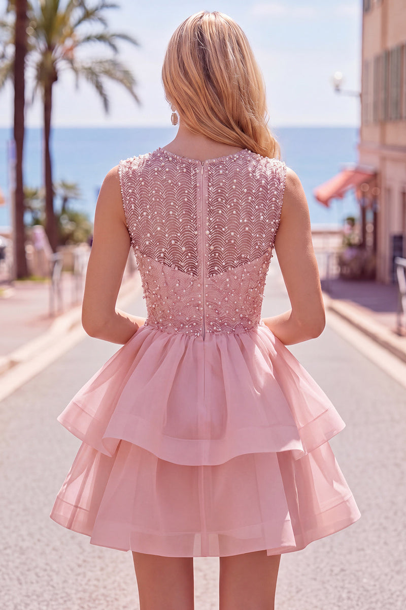 Load image into Gallery viewer, Sparkly White A-Line Beaded Illusion Neck Tiered Short Cocktail Dress