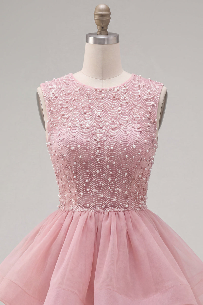 Load image into Gallery viewer, Sparkly White A-Line Beaded Illusion Neck Tiered Short Cocktail Dress