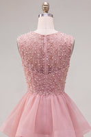 Load image into Gallery viewer, Sparkly White A-Line Beaded Illusion Neck Tiered Short Cocktail Dress