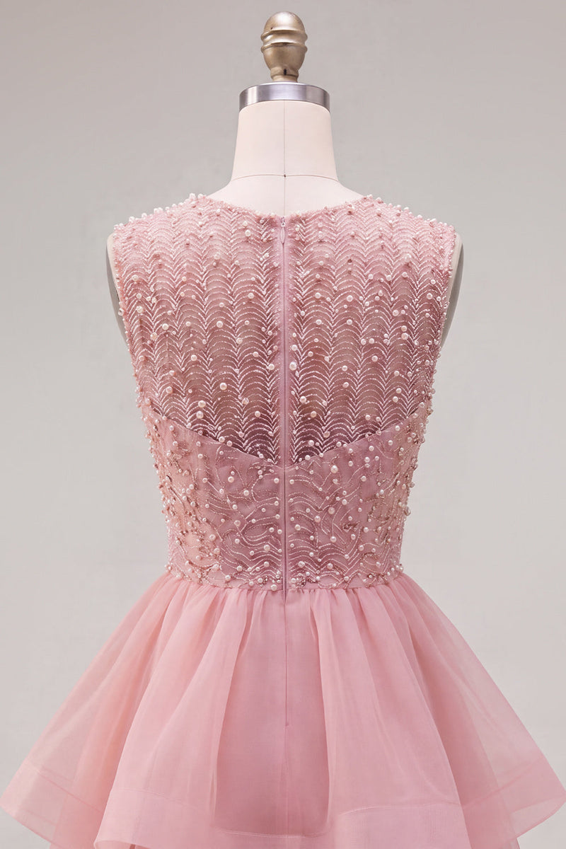 Load image into Gallery viewer, Sparkly White A-Line Beaded Illusion Neck Tiered Short Cocktail Dress