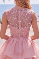 Load image into Gallery viewer, Sparkly White A-Line Beaded Illusion Neck Tiered Short Cocktail Dress