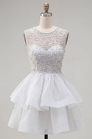 Load image into Gallery viewer, Sparkly White A-Line Beaded Illusion Neck Tiered Short Cocktail Dress