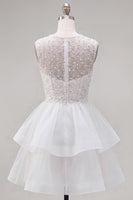 Load image into Gallery viewer, Sparkly White A-Line Beaded Illusion Neck Tiered Short Cocktail Dress