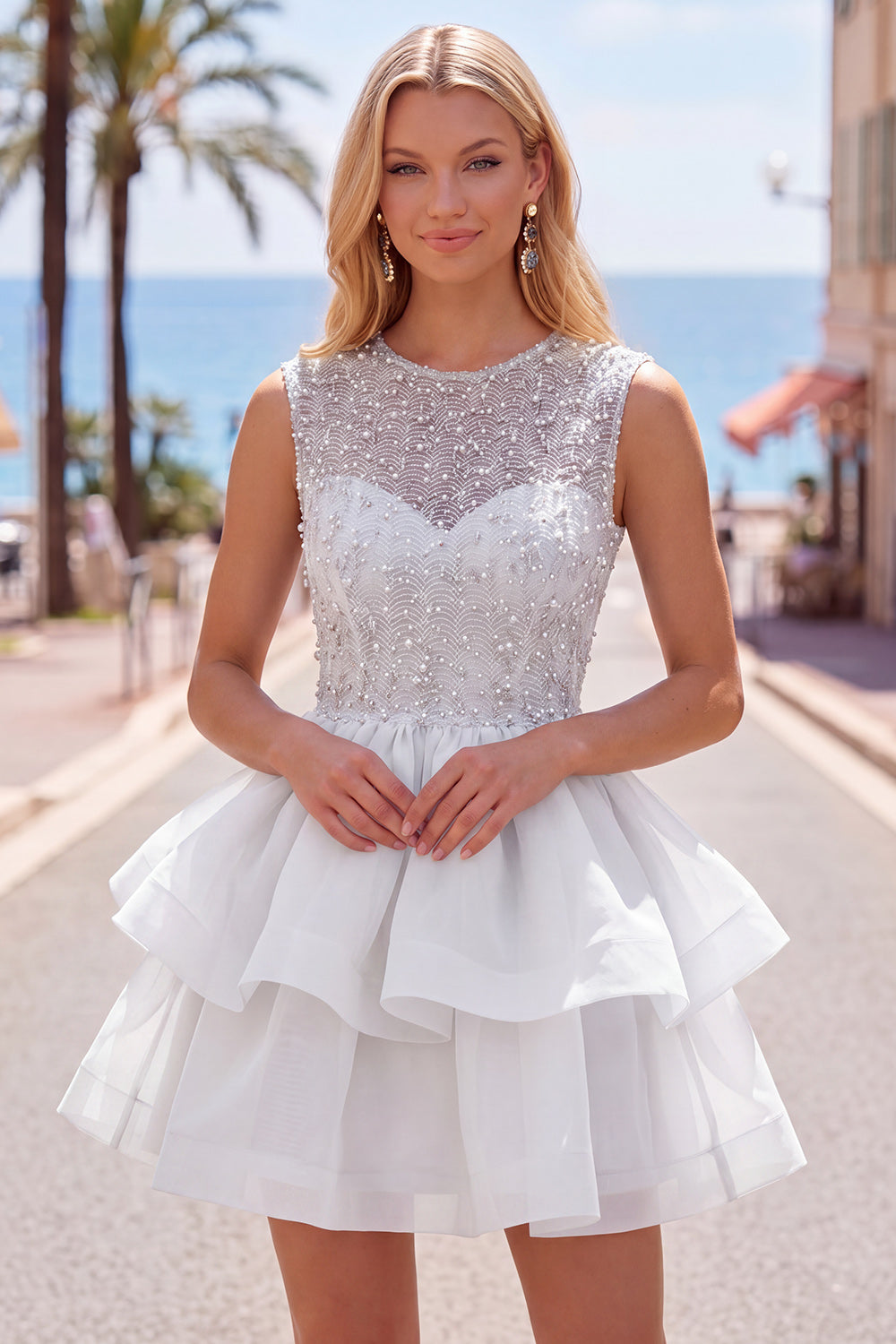 Sparkly White A-Line Beaded Illusion Neck Tiered Short Cocktail Dress