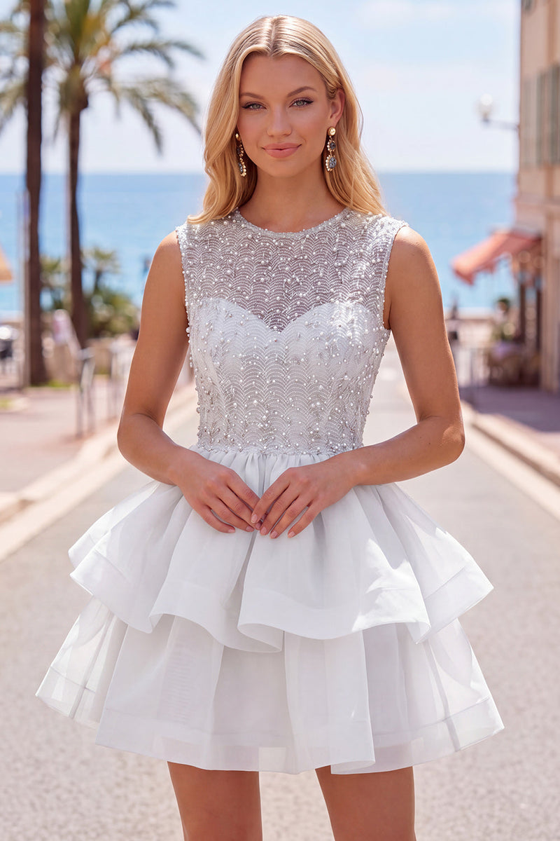 Load image into Gallery viewer, Sparkly White A-Line Beaded Illusion Neck Tiered Short Cocktail Dress