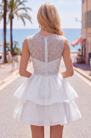 Load image into Gallery viewer, Sparkly White A-Line Beaded Illusion Neck Tiered Short Cocktail Dress