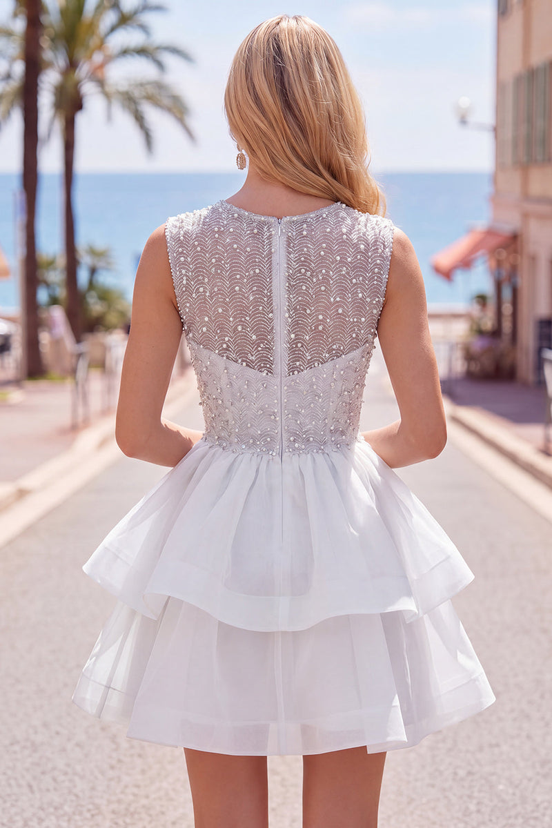 Load image into Gallery viewer, Sparkly White A-Line Beaded Illusion Neck Tiered Short Cocktail Dress