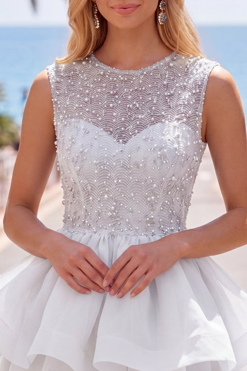 Load image into Gallery viewer, Sparkly White A-Line Beaded Illusion Neck Tiered Short Cocktail Dress