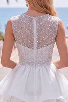Load image into Gallery viewer, Sparkly White A-Line Beaded Illusion Neck Tiered Short Cocktail Dress