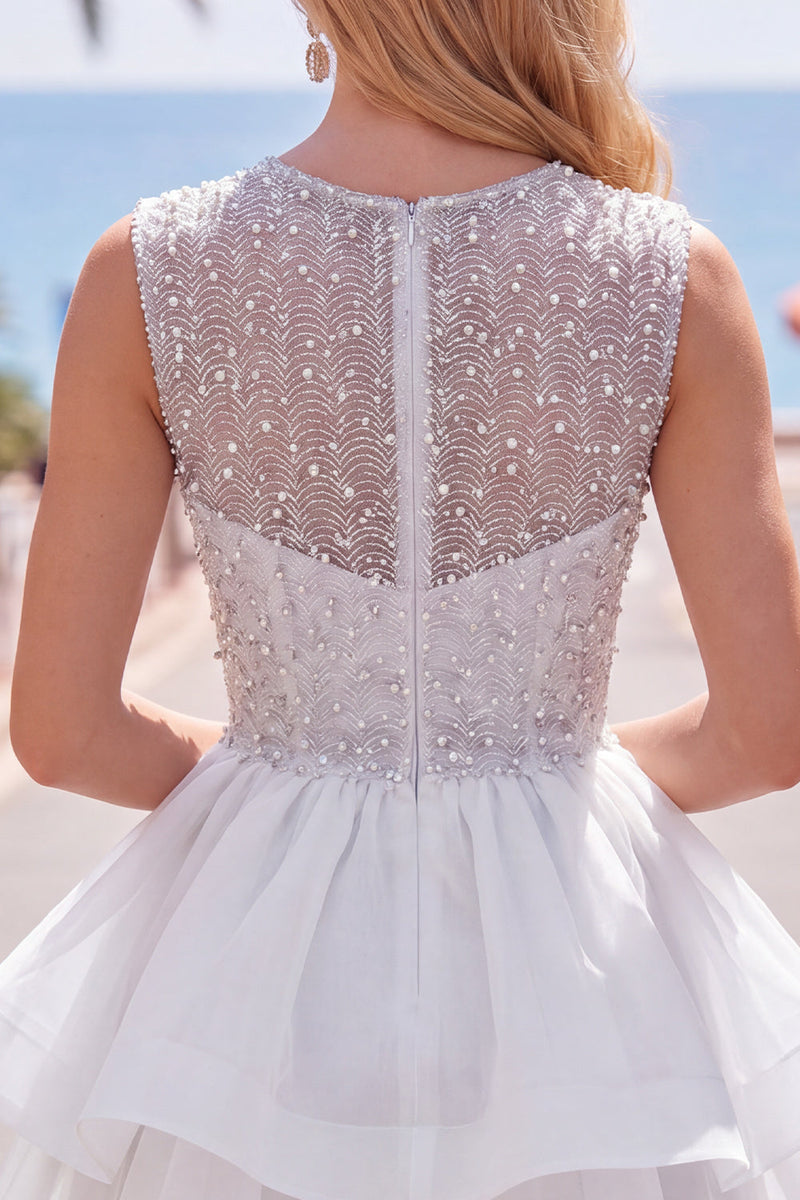 Load image into Gallery viewer, Sparkly White A-Line Beaded Illusion Neck Tiered Short Cocktail Dress