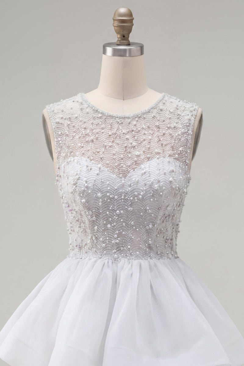 Load image into Gallery viewer, Sparkly White A-Line Beaded Illusion Neck Tiered Short Cocktail Dress