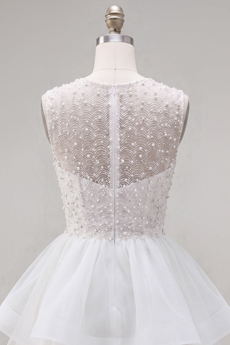 Load image into Gallery viewer, Sparkly White A-Line Beaded Illusion Neck Tiered Short Cocktail Dress